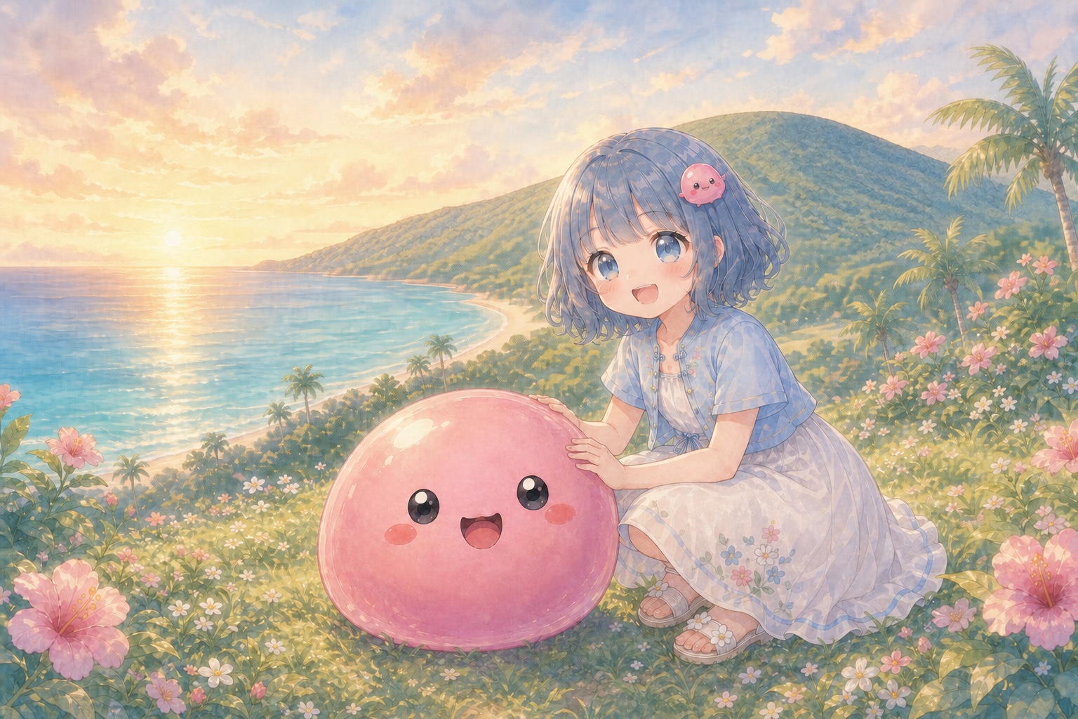 朝日の差すぷにころ島で、ミオとモモが海を眺めている水彩画
