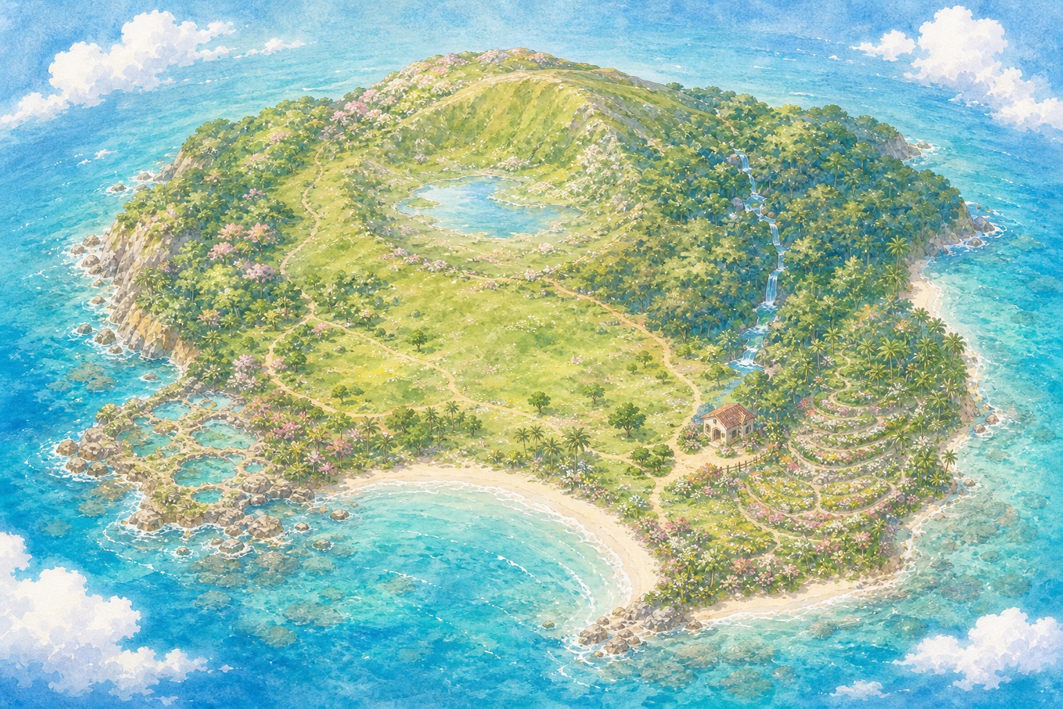 森、丸い山、池、家、浜辺を描いたぷにころ島の水彩地図